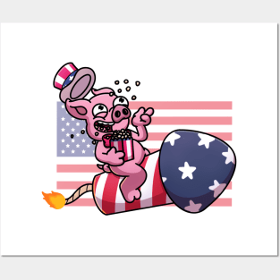 Pig On Firework Eating Popcorn Posters and Art